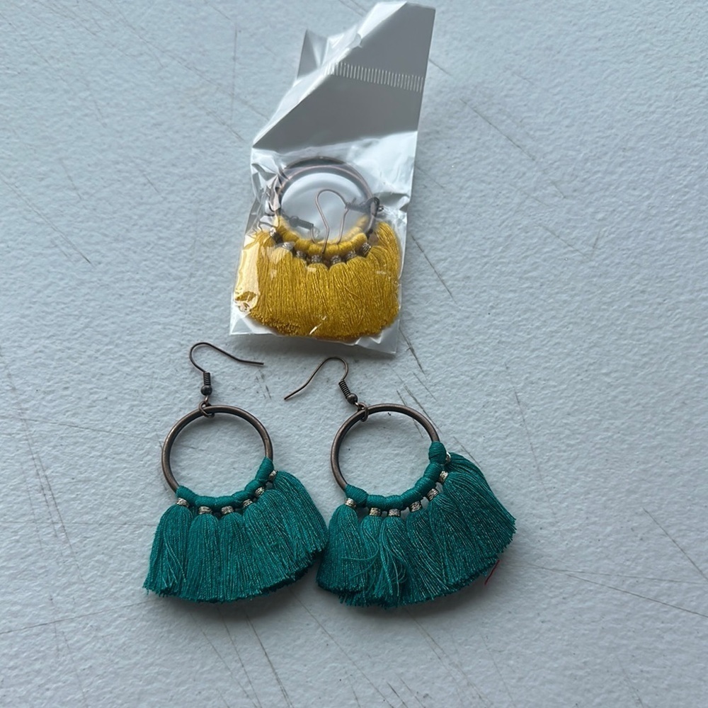 Elegant Tassel Hoop Earrings - Green and Yellow